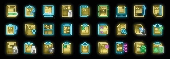 Medical prescription neon icon set featuring rx forms, documents, and digital representations vector
