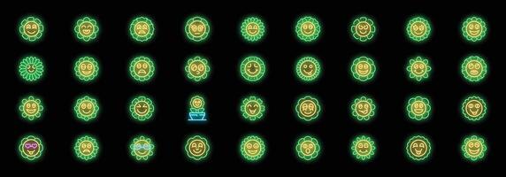 Neon flowers showing different emotions icons set vector