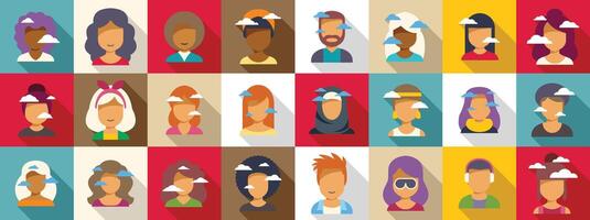 Carefree people clouds icons set. Diverse people thinking and dreaming with clouds representing thoughts and ideas vector
