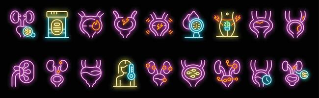Neon icons representing urinary system, kidneys, bladder, and related medical conditions vector