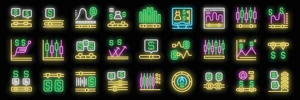 Stock market analysis with neon glowing icons representing trading, investment, and financial data vector