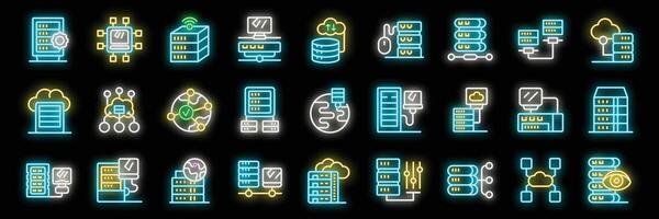 Neon server icons representing data storage, cloud computing, and network infrastructure vector
