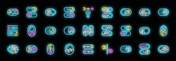 Neon icons representing day and night mode switching with sun, moon, and cloud symbols vector