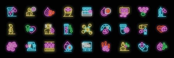 Neon icons representing blood, cells, analysis, and medical procedures vector