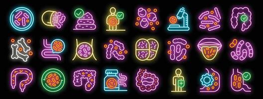 Neon icons representing various aspects of gut microbiome and health vector