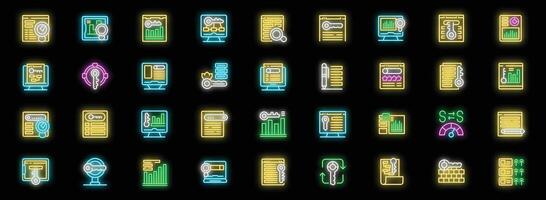 Keyword research optimization neon icon set, seo tools for content marketing vector