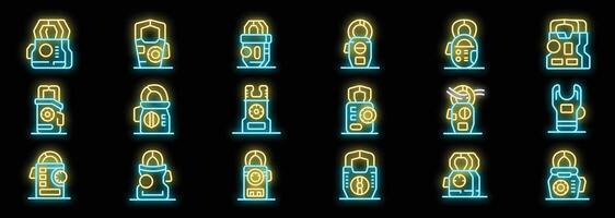 Neon icons of futuristic bulletproof vests providing protection in sci fi worlds vector