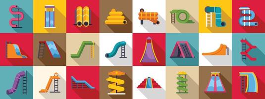 Water slide icons set. Water park, aquapark equipment and attractions creating summer fun and joy vector
