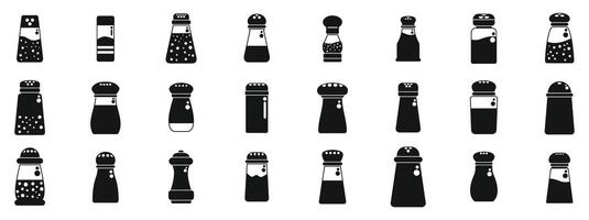 Pepper shaker icons set. Set of different salt and pepper shakers pouring seasoning vector