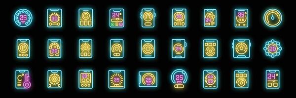 Neon icons of smart home temperature control interface on smartphone or tablet vector