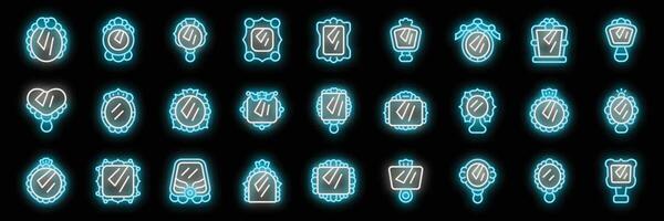 Neon mirror icons showing reflection with light and frame in glowing blue illumination vector
