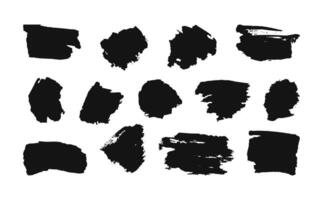 Grunge Stain of black paint. Various black brush strokes of different shapes and sizes are arranged on a white background, perfect for enhancing artistic and design projects with a modern touch vector