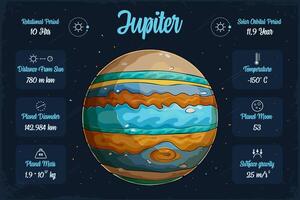 Hand drawn massive surface-less stripy Jupiter planet in space with its scientifical characteristic vector