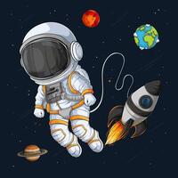 Hand drawn astronaut in spacesuit floating in outer space universe over space rocket and planets vector