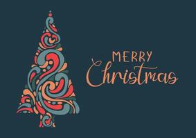 Christmas card with an illustration of a Christmas tree made of colorful monograms and swirls in a flat style. A template for the creative concept of an abstract Christmas card. vector