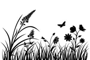 Black and white silhouette of flowers and grass in a meadow vector