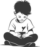 A black and white illustration of a boy sitting on the floor with his phone vector