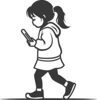 A black and white silhouette of a girl walking with a cell phone vector