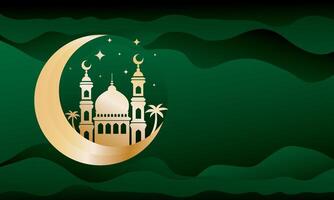 Islamic green background with beautiful ornaments of moon, mosque. vector