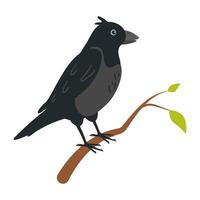 Black bird perched on branch with green leaves in a simple illustration vector