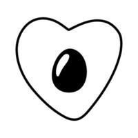 Summer green half of the avocado in heart shape with seed. Hand drawn romantic doodle fruit illustration. vector