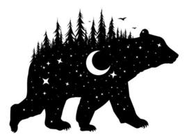Silhouette of bear with night forest. vector