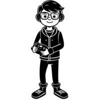 a cartoon boy with glasses holding a controller vector