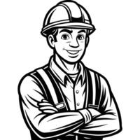 a black and white image of a man in a hard hat vector