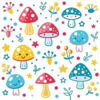 mushrooms and stars pattern with cute cartoon characters vector