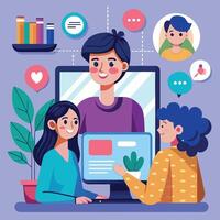 people are sitting around a computer and talking to each other vector