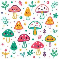mushrooms and plants in a pattern with a smiley face vector