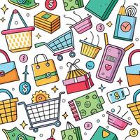 shopping seamless pattern with colorful objects vector