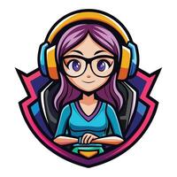 a girl with headphones and glasses sitting in front of a shield vector