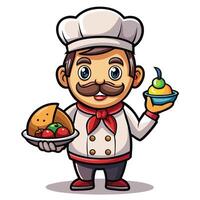 chef cartoon character holding a plate with a dessert vector