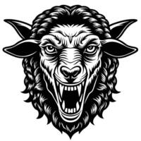 a black and white illustration of a ram head with fangs vector