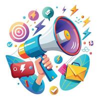 a hand holding a megaphone surrounded by various icons vector