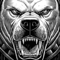 the head of a pit bull is shown in a black and white engraving style vector