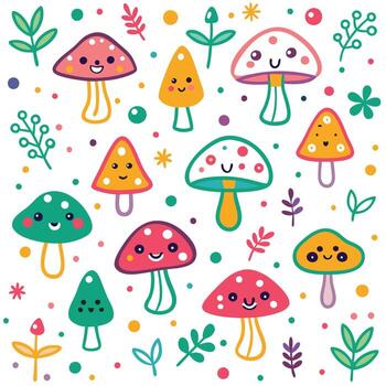 hongos y plantas en un modelo con un sonriente cara vector