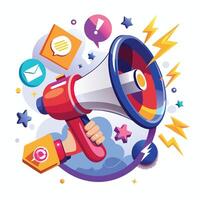 a hand holding a megaphone with icons around it vector