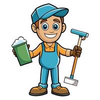 a cartoon man with a broom and a bucket vector