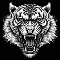 a tiger head with its mouth open in a black and white drawing vector