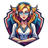 a girl with headphones and glasses in the center of a shield vector