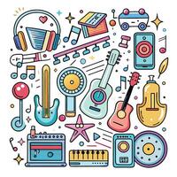 music instruments and accessories in a colorful line art style vector