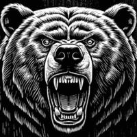 the head of a bear is shown in a black and white drawing vector