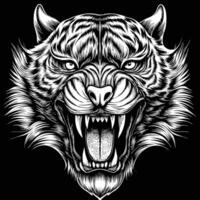 a tiger head with its mouth open in a black and white drawing vector