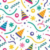 a colorful party hat pattern with confetti and streamers vector