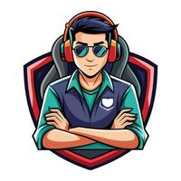 a man in glasses and headphones with a shield on his chest vector