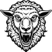 a black and white illustration of a sheep head with an angry expression vector