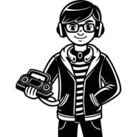 a cartoon boy with headphones and a cassette player vector