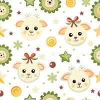 seamless pattern with cute sheep and stars vector
